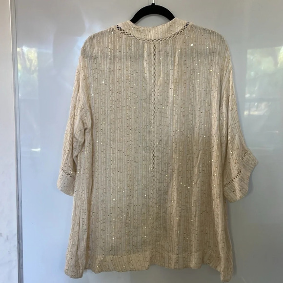 Soft Surroundings Loose Weave Ivory Gold Sequin Cardigan Boho Relaxed Top Sz XS - Picture 7 of 9
